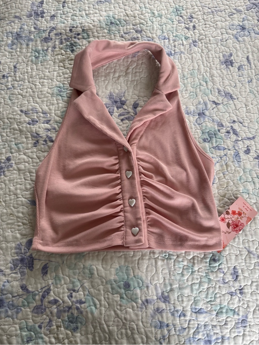Pink Halter Crop Top with Heart Buttons
